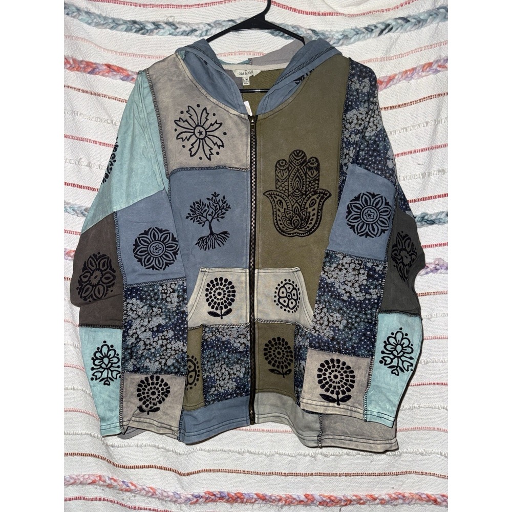 Yak & Yeti Patchwork Full Zip Cotton Hoodie Blue Brown Gray L/XL Festival Hamsa